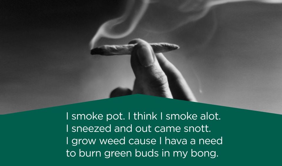 I smoke pot. I think I smoke alot. I sneezed and out came snott. I grow weed cause I hava a need .... to burn green buds in my bong.